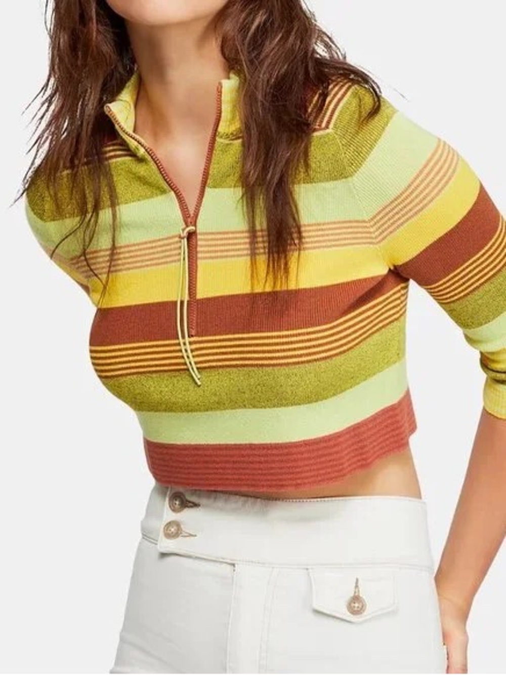 NWT Free People Rip Tide Zip Mockneck Top M Green Stripe Cropped Knit Sweater